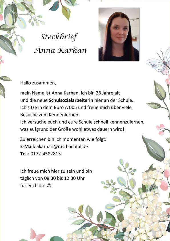 Vorstellungs-Steckbrief der Schulsozialarbeiterin Anna Karhan mit Porträt und Kontaktangaben.